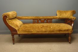 Edwardian walnut framed double end chaise longue, pierced back relief, with carved flower head,