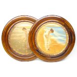 Pair early 20th century circular walnut frames, colour prints after William Henry Margetson,