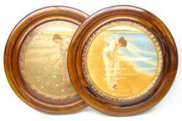 Pair early 20th century circular walnut frames, colour prints after William Henry Margetson,