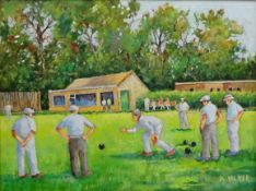 'A Game of Bowls', oil on board signed by Kevin Palmer (British 1937-), titled verso 37cm x 48.