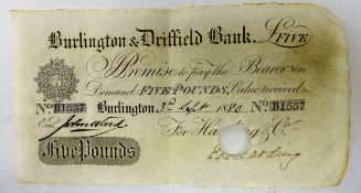 Burling and Driffield five pound banknote, issued for Harding & Co, 3rd September 1880,