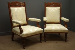 Pair Edwardian walnut framed drawing room arm chairs, carved floral cresting rail,