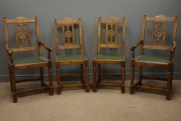 'Swanman' set four (2+2) dining chairs, with Yorkshire Rose carved backs,