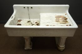 Victorian white enamel sink with drainer on oval twin column base, W123cm, H100cm,