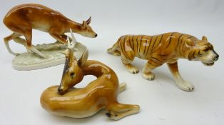 Three Royal Dux porcelain animal figures comprising Tiger,