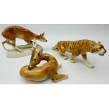 Three Royal Dux porcelain animal figures comprising Tiger,