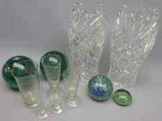 Two Victorian green glass dumps with bubble inclusion, to other paperweights,