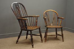 19th century elm and ash double bow Windsor armchair, stick and pierced splat,