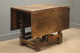 19th century oak drop leaf table, gate action, bobbin turned supports, W130cm, H70cm, L92cm,