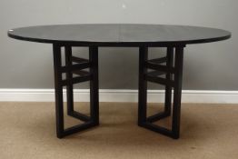 20th century Danish black finish ash dining table, oval extending table with additional leaf,