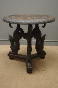 Early 20th century Burmese circular occasional table, carved peacock top,