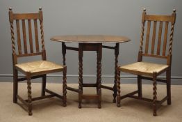 Late 19th century oak drop leaf table, gate leg action base, barley twist supports (W60cm, H74cm,