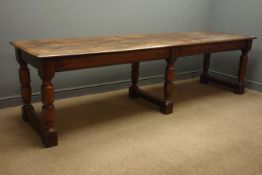 19th century mahogany refectory dining table, six turned supports with three stretchers, W77cm,