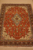 Persian Sarough red ground rug carpet, light blue medallion repeated in border guards,