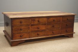 Late 20th century hardwood apothecary style storage coffee table, hinged lid, twelve small drawers,
