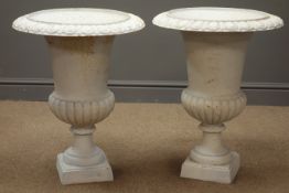 Pair antique white urns, on stepped bases, H63cm,