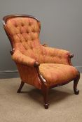 Victorian mahogany armchair, upholstered in red and gold fabric,