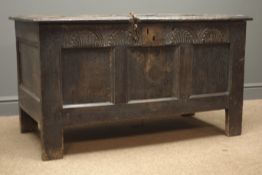 18th century oak blanket box, panelled lid hinged with clasps, lunette carved front rail,