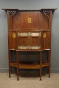 Art Nouveau mahogany inlaid side cabinet with raised panelled back, central inlaid floral panel,