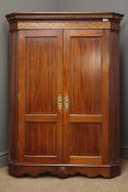 Early 20th century mahogany, inlaid, wall hanging corner cabinet, projecting cornice,