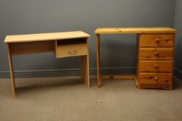 Pine single pedestal desk with four drawers (W100cm, H76cm, D45cm), and a beech desk (W100cm, H72cm,