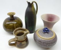 Four pieces of studio pottery; Jennifer Jones bulbous vase, Fran Tristram Lady Bay pottery jug,