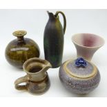 Four pieces of studio pottery; Jennifer Jones bulbous vase, Fran Tristram Lady Bay pottery jug,