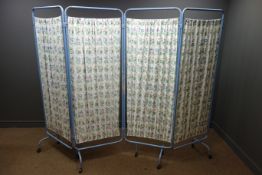 Vintage 1950s metal framed hospital screen, blue finish, floral design curtain material,