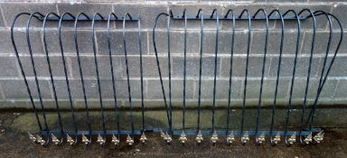Six wrought metal Julliet balcony grills, decorative fluer de lis finials, 3 x W175cm, H100cm,