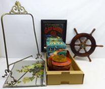 Small hardwood ships wheel, Chinese lacquered wooden rice carrier, framed pub mirror,