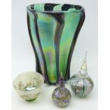 J. Ditchfield Glasform iridescent vase of waisted form moulded with vertical veins, signed, H28cm