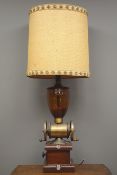 Novelty table lamp in the form of a mahogany and brass coffee grinder with Hessian shade,