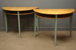 Pair demi-lune console tables, pine tops and undertiers, three square tapering legs,