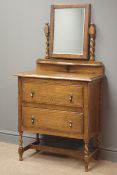 Early 20th century oak chest, two drawers, barley supports joined by stretchers on turned feet,
