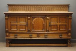 Edwardian oak sideboard, raised arcade carved back, three cupboards, geometric moulding,