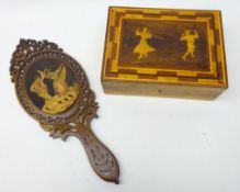 Italian 'Sorento' olive wood and marquetry hand mirror with fretwork frame and a marquetry top