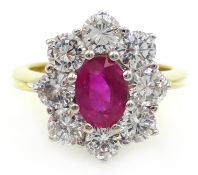 18ct gold ruby and diamond cluster ring, hallmarked, ruby 0.96 carat, diamonds 1.