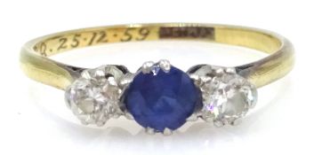 18ct gold diamond and sapphire three stone ring stamped 18ctplat Condition Report