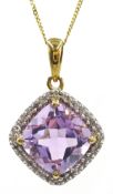 Amethyst and diamond gold pendant necklace hallmarked 9ct Condition Report <a