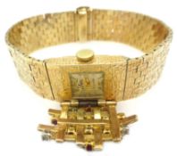 Swiss 9ct gold bracelet cocktail watch with ruby and diamond set criss-cross bark cover London 1965