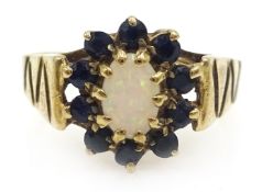 Opal and sapphire gold cluster ring, hallmarked 9ct Condition Report Approx 2.