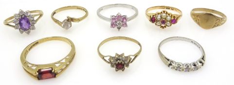 15ct ruby and seed pearl ring, 9ct signet ring, cluster dress rings,