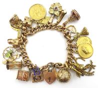 9ct rose gold curb chain charm bracelet with loose mounted 1914 sovereign, Masonic metamorphic orb,