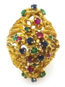 18ct gold sapphire, ruby and emerald open cluster ring stamped 18k approx 11.