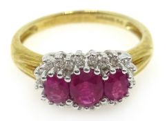 9ct gold three stone ruby and diamond cluster ring hallmarked Condition Report 3.