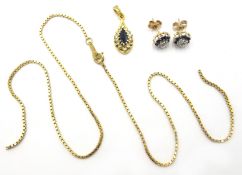 9ct gold sapphire and diamond pendant necklace hallmarked and a similar pair of ear-rings