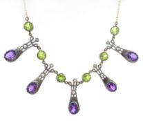 Amethyst, peridot, seed pearl and diamond gold and silver-gilt necklace stamped 375