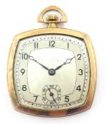 9ct rose gold Swiss pocket watch, slim cushion case stamped B W C London made, Edinbugh 1937 42.