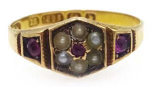 Victorian 15ct gold seed pearl and ruby ring,