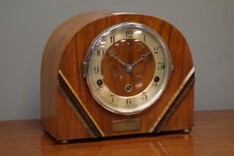 Art Deco walnut cased dome top mantel clock, silvered Arabic chapter with chime/silent lever,